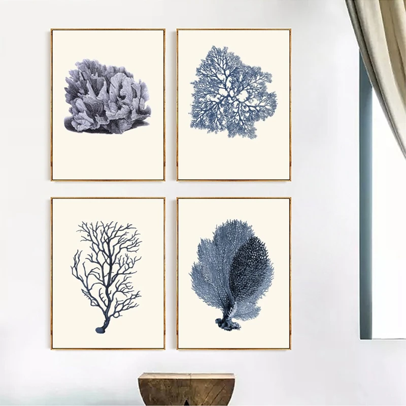 

Navy Blue Coral Art Prints Antique Wall Decoration , Vintage Sea Corals Wall Art Prints Canvas Painting Home Nautical Decor