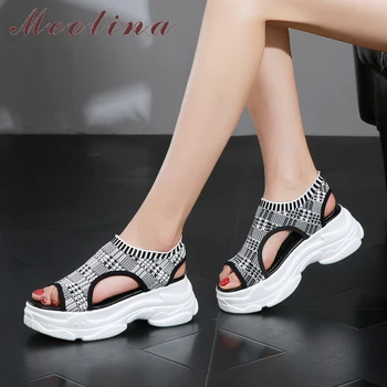 

Meotina Summer Sandals Women Shoes Stretch Flat Platform Shoes Cutout Peep Toe Casual Sandals Female 2019 Gray Black Size 34-39