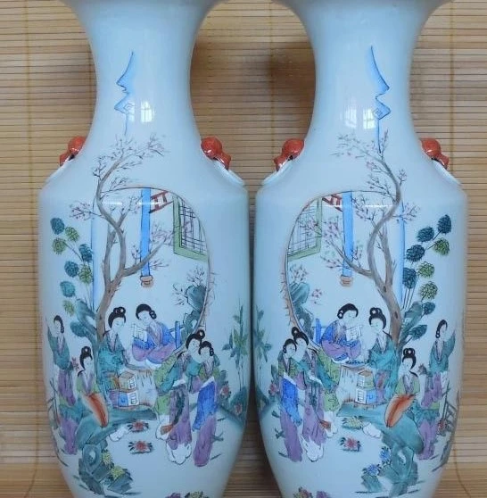 

Chinese Old Pottery WuCai Porcelain Tree Branch Maid Ladies Pot Bottle Vase Pair