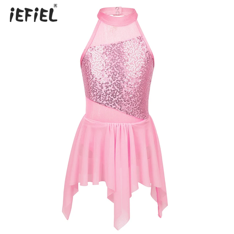 

iEFiEL Kids Girls Sleeveless Latin Dance Dress Sequins Gymnastics Leotard Ballet Dress Dancewear Lyrical Modern Ballroom Costume