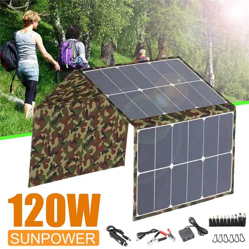 

Foldable Solar Panel 120W 18V Solar Charger for camping solar cell Charger for Mobile Power Bank for Phone Battery DC/USB Port