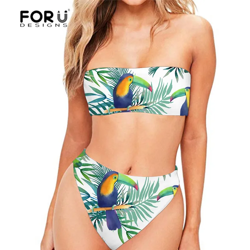 

FORUDESGINS Swimwear Women Cute Birds Leaf Printing Swimsuit Female Sexy Bathing Suit Ladies Summer Bikini Set Women's Thong New