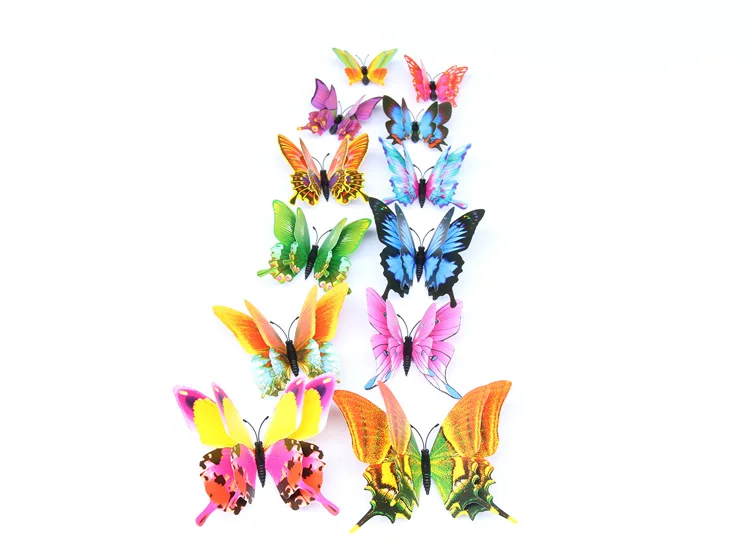 New 12Pcs/Set 3D Double Layer Pteris Butterfly Wall Stickers Home Decoration Colorful Butterflies On Wall Magnet Fridge Decals