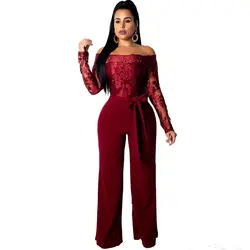 YUYOU вышитые кружева женские пикантные слово воротник off-the-shoulder jumpsuit широкие брюки с длинными рукавами Холтер женская Комбинезон