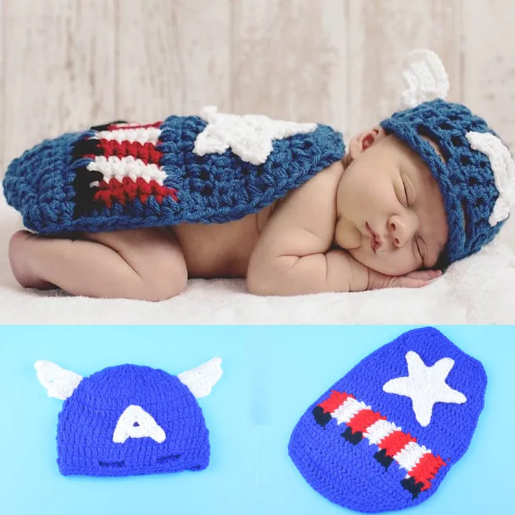 Новые вязаные крючком детские шапки, костюм Капитана Америки, вязаные реквизиты для фотосессии новорожденных, наряды на Рождество, Хэллоуин
