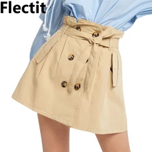 Flectit Женская бумажная сумка двубортная мини-юбка с поясом поддельный карман английский стиль в черном/хаки