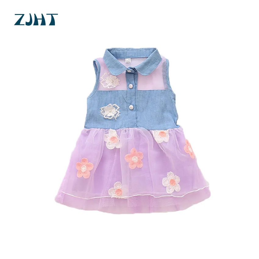 

ZJHT New Summer Sleeveless Dress For Girl 2-10Y Children Clothes Baby Flower Cotton Dress Princess Kids Mesh Denim Dresses MY032