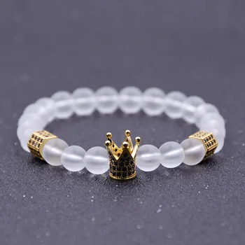 

HYHONEY Micro Pave CZ Crown Charm Bracelet White Matte Natural Stone Beads Bracelets & Bangles Yoga Women Jewelry