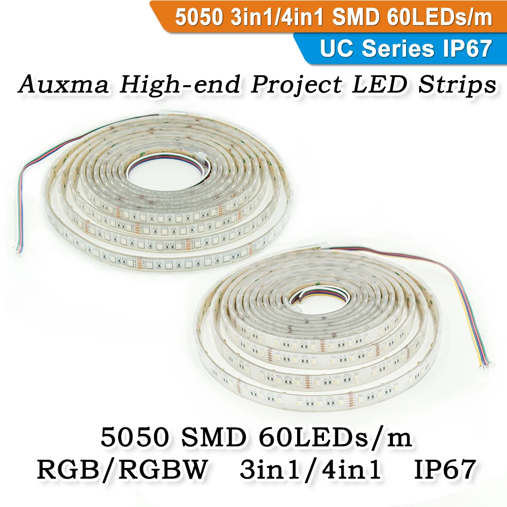 

Auxma 5050 RGB/RGBW 3in1/4in1 60LEDs/m IP67 DC12V/24V 300LEDs/Reel,5meter/Reel Silicone Outdoor Waterproof LED Strip for Party