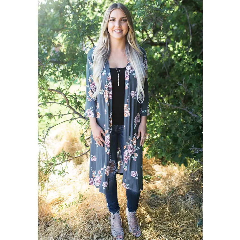 

2019 Summer Retro Blouses Women Long Kimono Cardigan Plus Size Open Front Floral Print 3/4 Sleeve Vintage Outerwear blusas 3XL