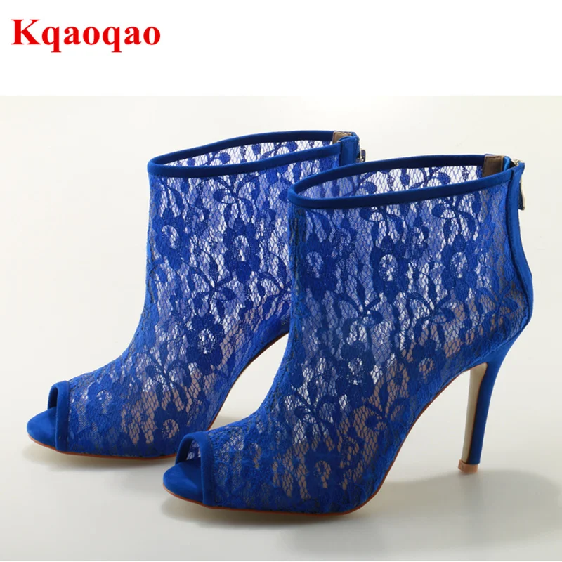 

Peep Toe Women Spring Autumn Boots Back Zip Design Shoe Flower Pattern Lace Short Booties Luxury Brand Sweet Stylish Runway Shoe
