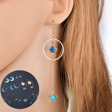 Корейский стиль ювелирные изделия Синяя Звезда Луна длинные висячие серьги для женщин Асимметричные круглые серьги Планета Мода kolczyki oorbellen