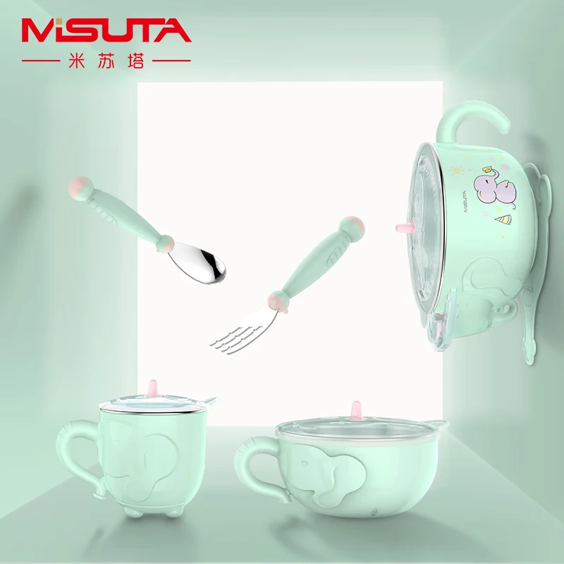 Children dishes set Baby tableware Kit Stainless feeding bowl Spoon Fork Cup Heat preservation bowl 