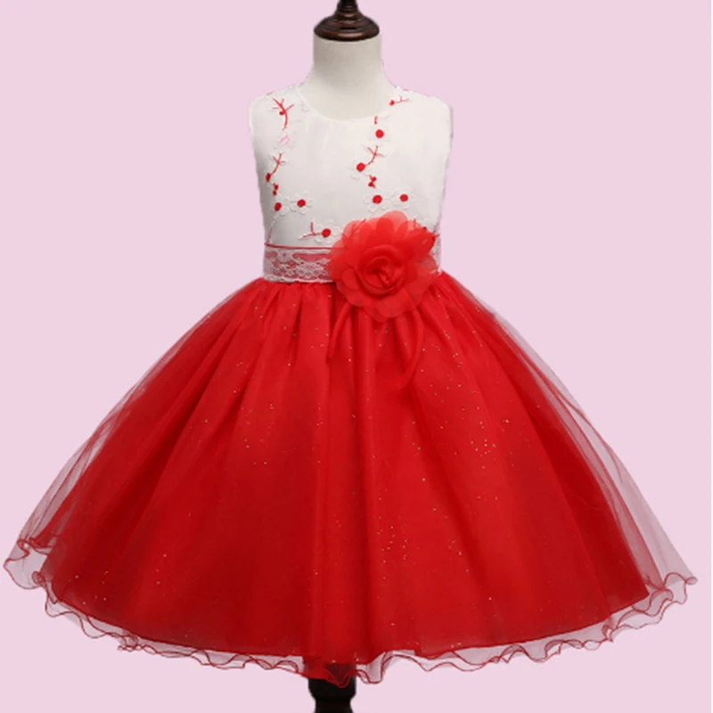 

2017 Children Vintage Dresses Summer Embroidered Sequins Flower Bow Princess Ball Gown Floral Vest Dress Red Light Green Rosered