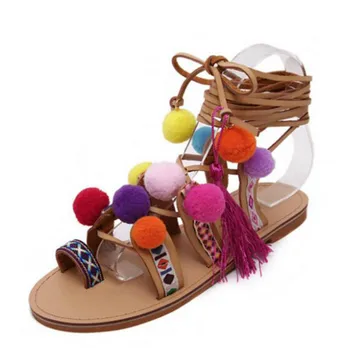 

Sandalias Pompones Suede Pom Pom Gladiator Sandals Women Lace up Knee High Flat Sandal Women Shoe Summer Brown