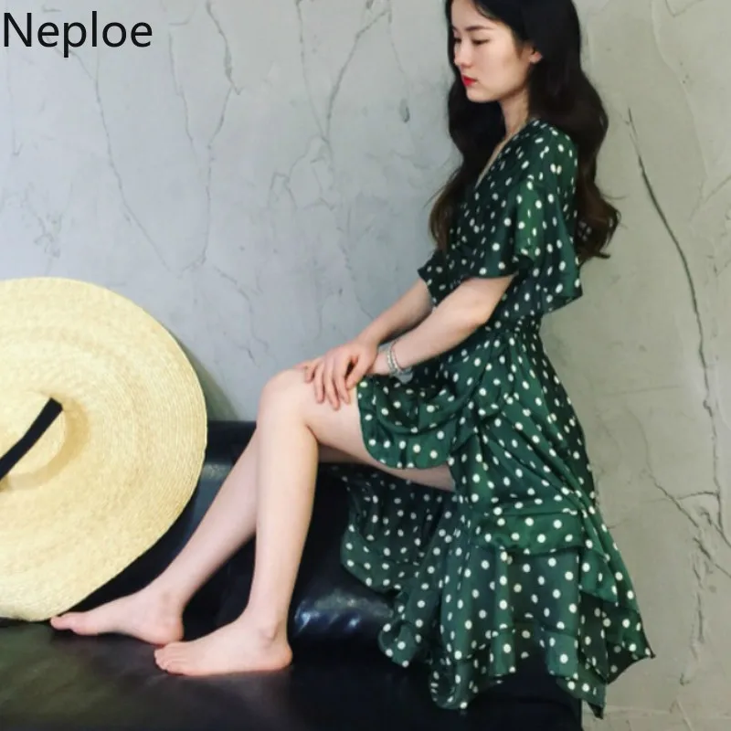 Neploe Polka Dot Retro Dress Women Summer 2019 V-Neck Three Quarter Sleeve Robe Irregular Ruffles Female Vestidos 44906 | Женская одежда
