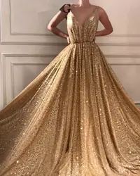 Золотые мусульманские Вечерние платья 2019 A-Line Глубокий v-образный вырез блестки сверкающие ислам Дубаи Саудовская Арабская длинная
