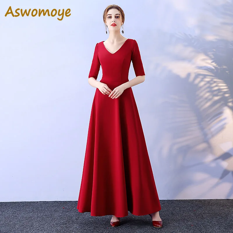 

Aswomoye Bridesmaid Dress 2018 New Fashion Wedding Party Dresses Half Sleeve A-Line Banquet Dress Solid Color robe de soiree