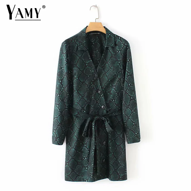 Comprar Mini vestido con estampado de serpiente y cuello en V elegante animal lazo cintura elástica abrigo vestido botón manga larga vintage casual vestidos Coreanos