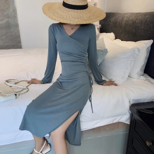 

2019 Early Autumn Blue Long Sleeve Knitted Dress Slim V Lead Draw string Waist Sweater dress High split
