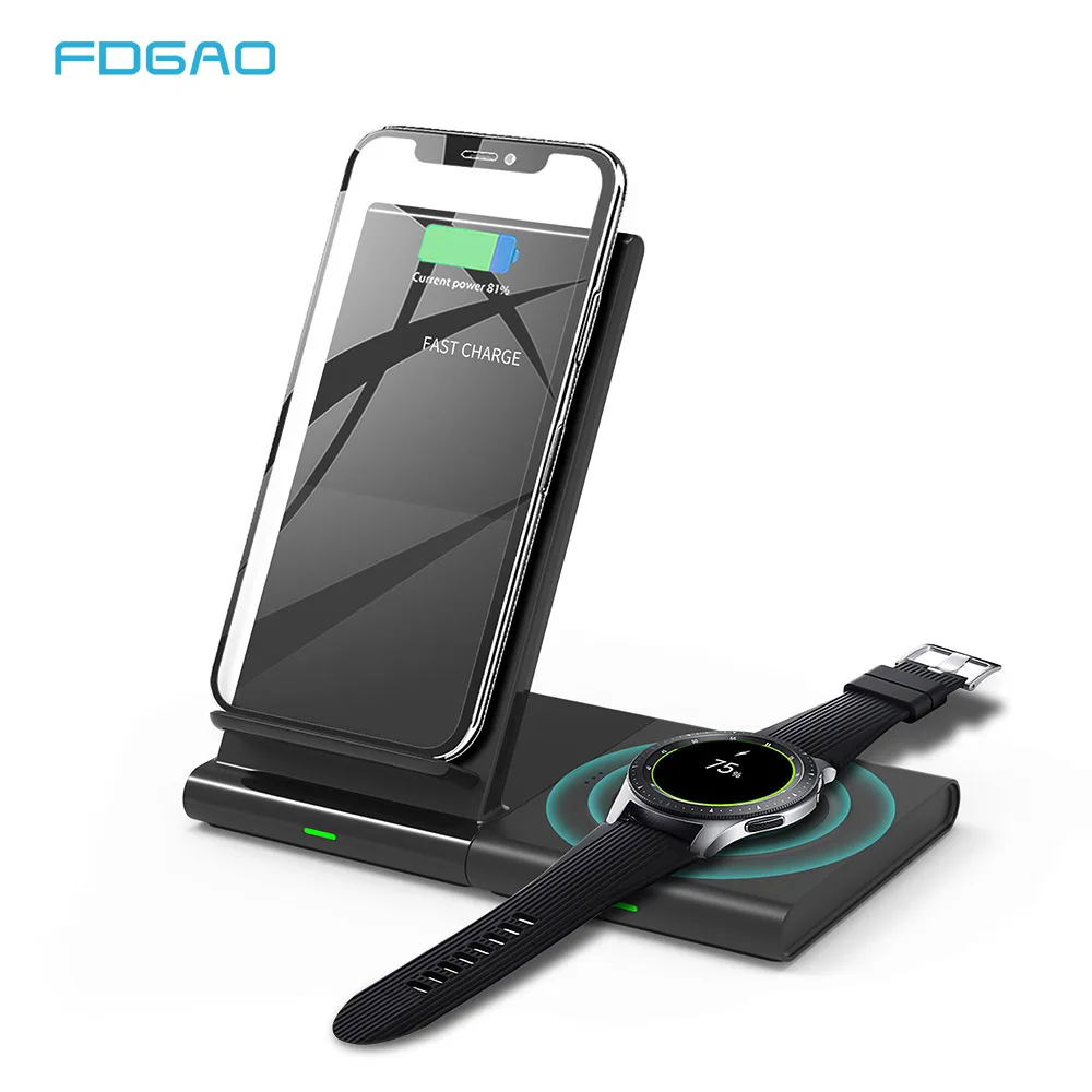 

2 in 1 10W Fast Qi Wireless Charger Stand For iPhone X XS MAX Wireless Charging Dock For Samsung Watch Active Buds Gear S2 S3 S4