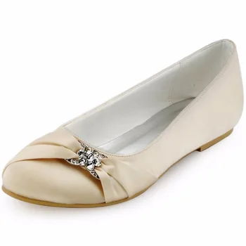 

EP2006 Woman Flats Shoes Wedding Bridal Champange Closed Toe Ballet Flat Satin Prom Dress Ladies Woman Shoes