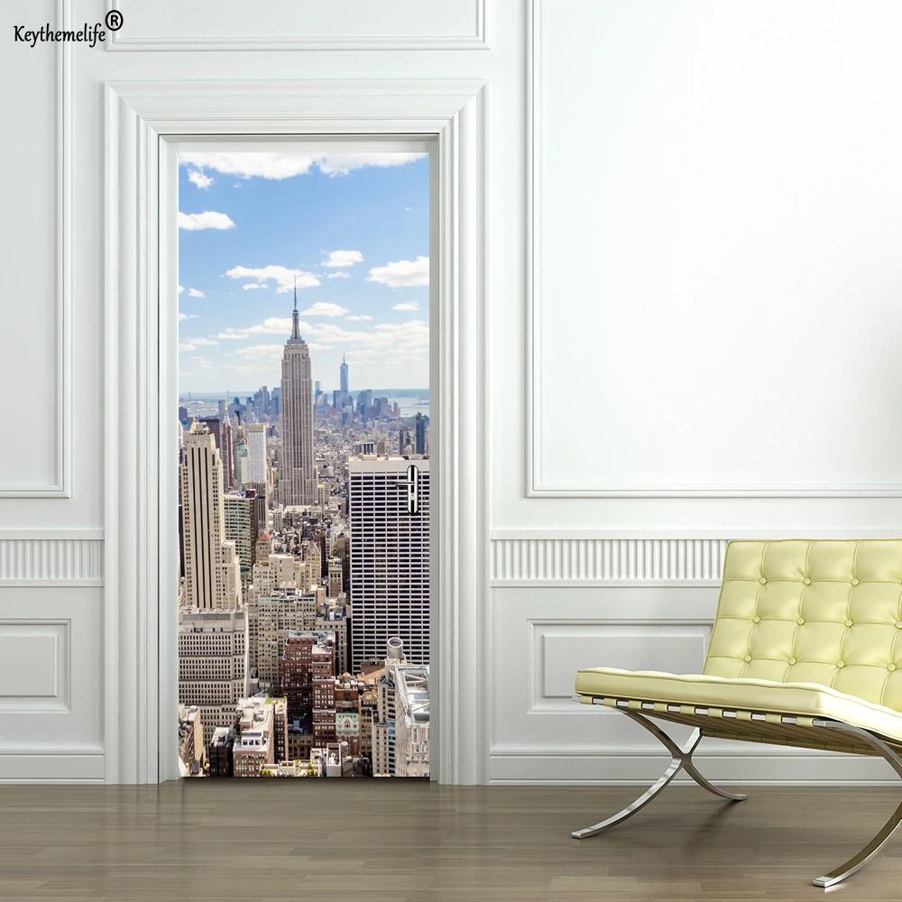 2 قطعة/المجموعة الحديثة مدينة ملصقات جدار DIY جدارية غرفة نوم الديكور ملصق PVC للماء الباب ملصقا تقليد 3D CF