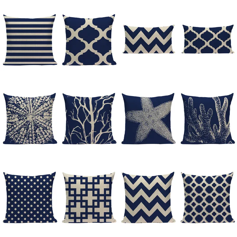 

Customized marine decoration Linen Blue Coral And Starfish Cushion Cover 45x45Cm Square Home Decor 1 Side Printing Pillow Cover