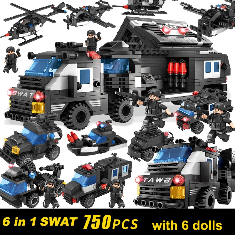 

6 in 1 DIY Military blocks Assembly Building Block SWAT car helicopter model Classical toys for Children Gifts boy toy 750pcs