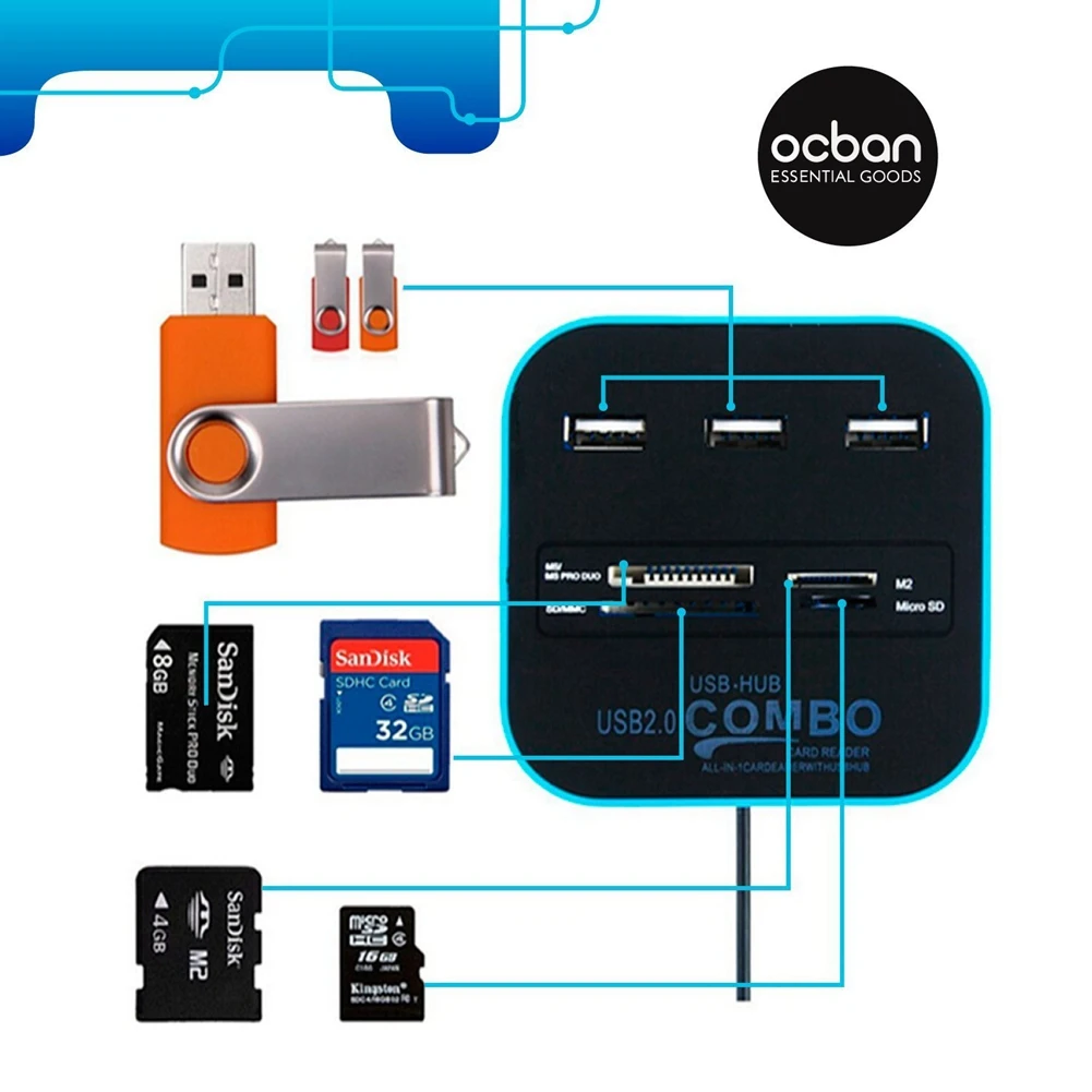 Комбинированный Многофункциональный USB 2,0 кард-ридер с разветвителем концентратора SD HUB