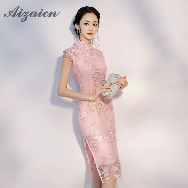Современный кружевной вышивкой Чонсам с цветами платье Для женщин китайские платья Длинные розовые Qipao Chinoise винтажное платье Женская Роба в восточном стиле