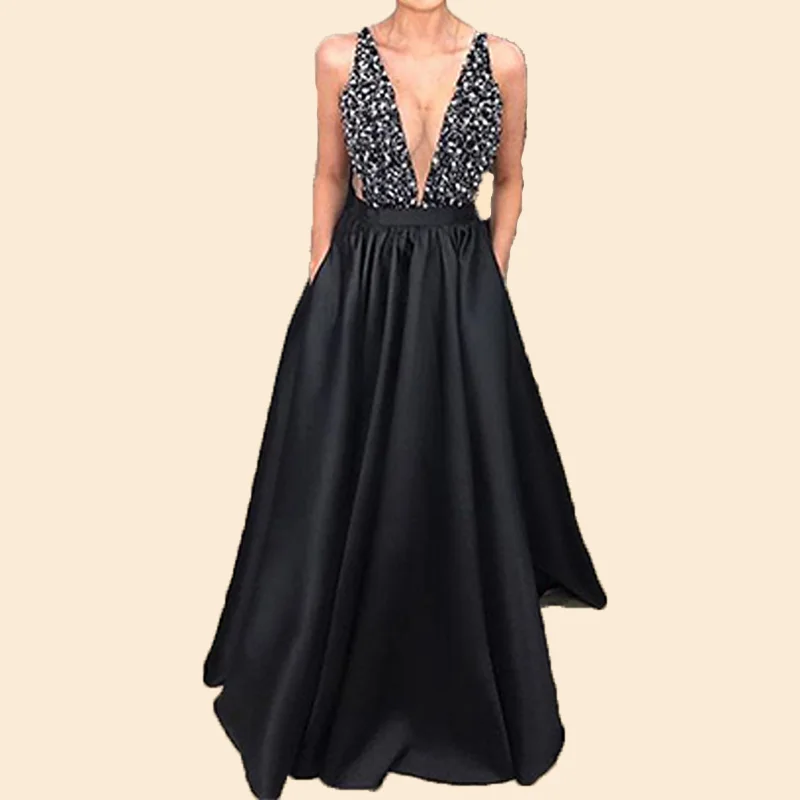 

Sexy Sequin Party Dress Women 2018 Deep V-Neck Sleeveless Dresses Summer Invisible Black Long Maxi Dress Elegant Floor Length