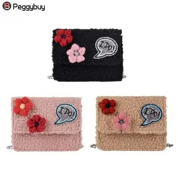 

Cute Plush Flower Letter Women bag Metal Chain Sling Messenger Shoulder Crossbody Bags For Lady