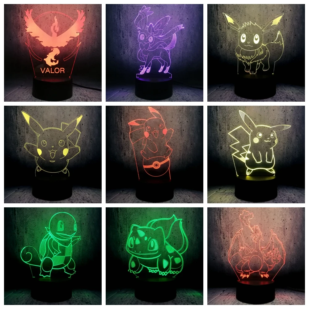 行くアクションポケモン図 3d Rgb ランプピカチュウイーブイカメ鳥火竜 Pokeball ボールフシギダネベイ役割ギフト Led 夜の光 Led ナイトライト Aliexpress