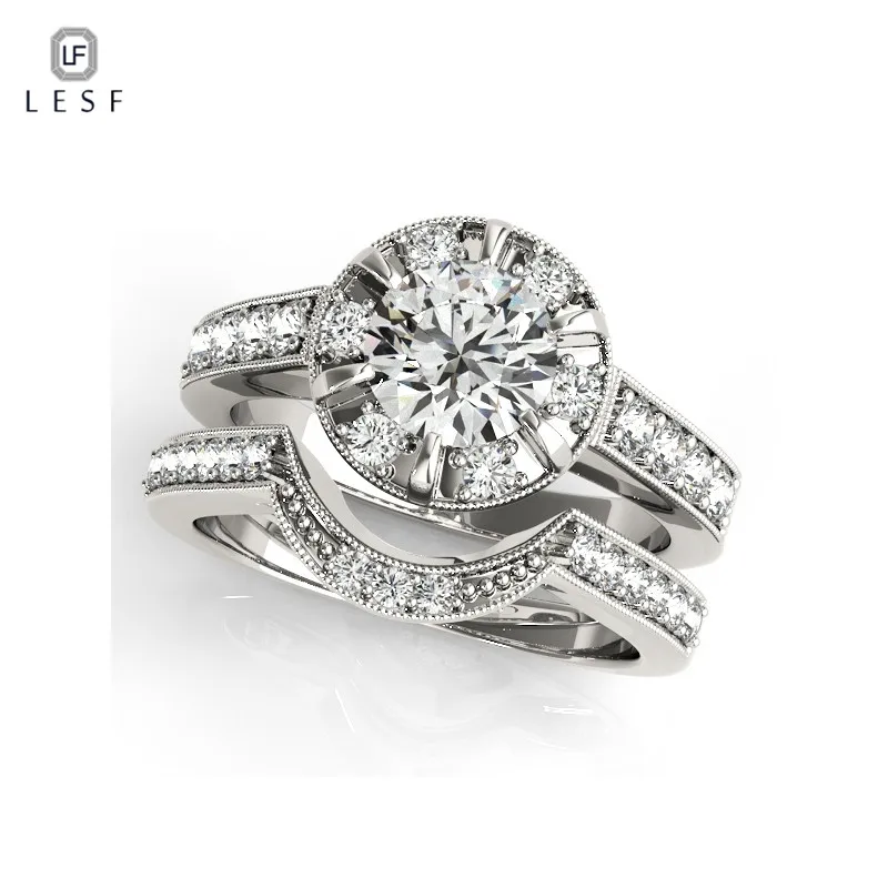 

LESF 925 sterling silver Ring Sets 1.25 ct Round Cut Luxury Fine Jewelry wedding cubic zirconia rings for women band