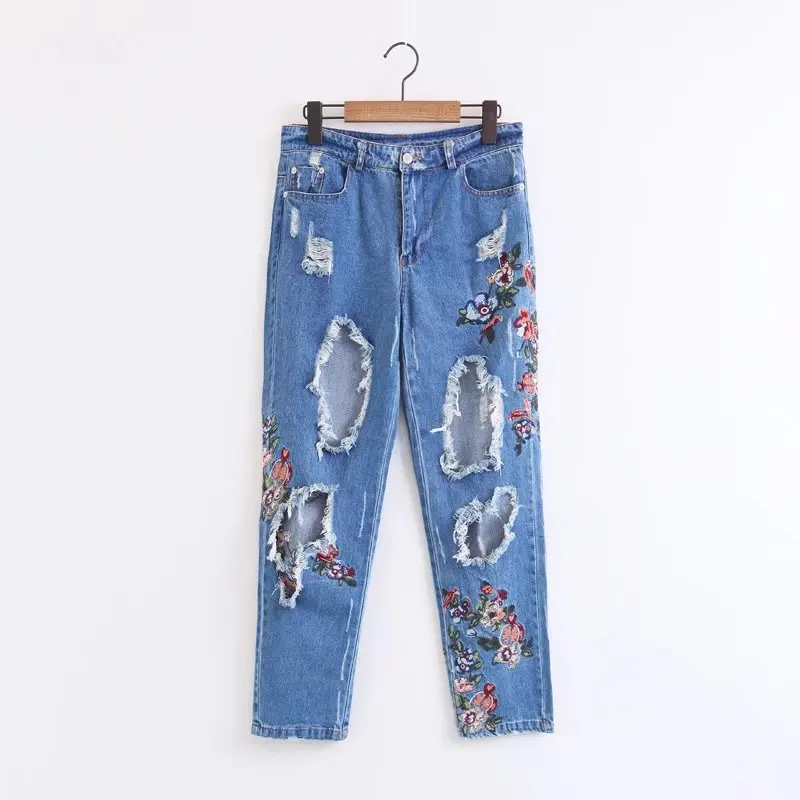 

2018 women clothing Mid waist embroidery hole washed denim pants Female fashion streetwear loose straight pure cotton jeans 843