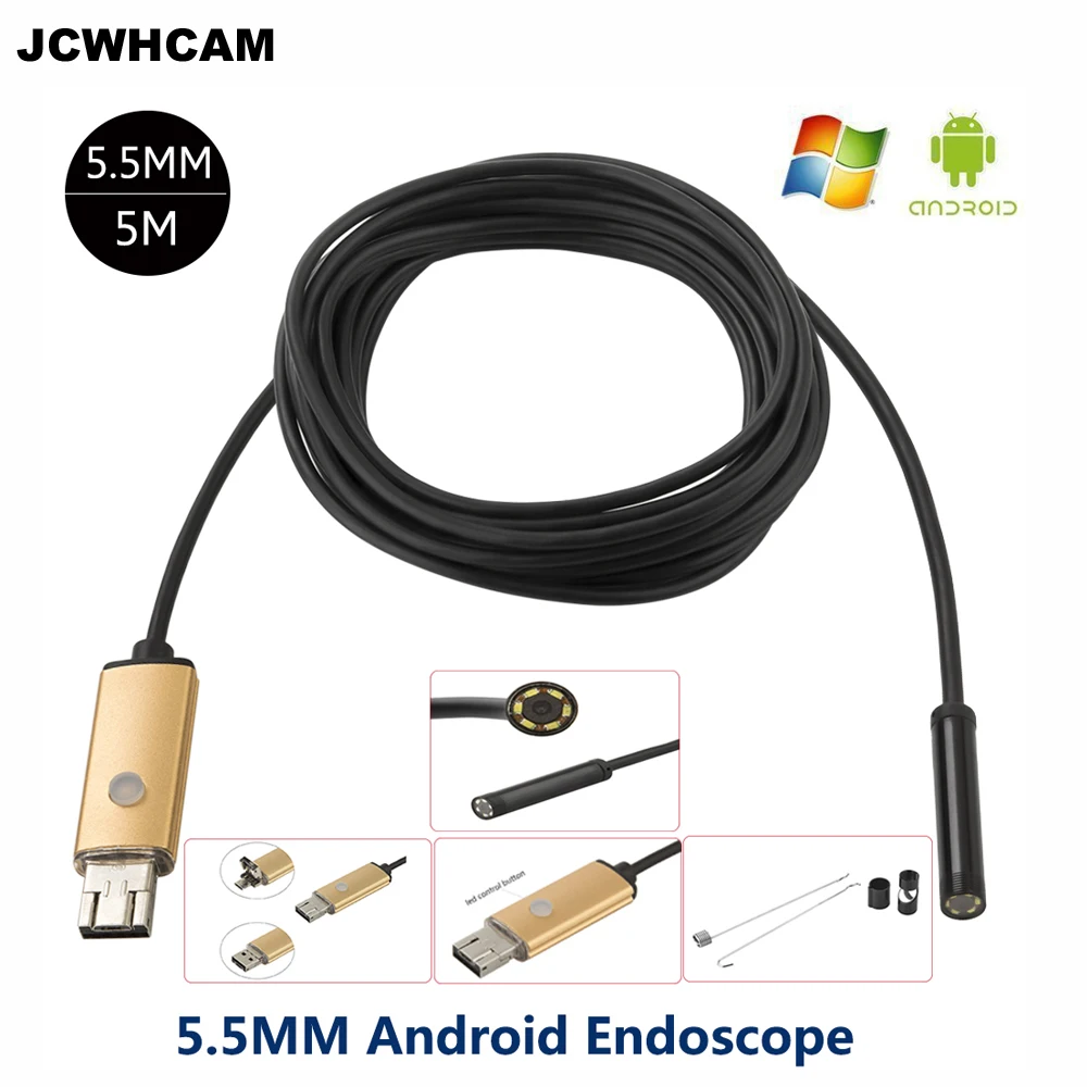 JCWHCAM 5.5 미리 메터 5 메터 USB 안드로이드 내시경 내시경 검사 카메라 HD 6 LED 5.5 미리 메터 방수 자동차 Endoscopio 튜브 미니 카메라