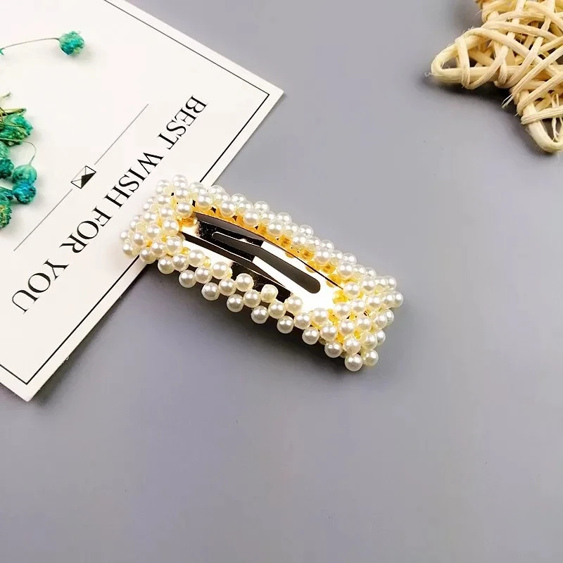 Fashion Girls Geometric Imitiation Pearl Hairpins Sweet Hair Accessories Women Barrettes Square Round Hollow Hair Clips - Окраска металла: Golden Square