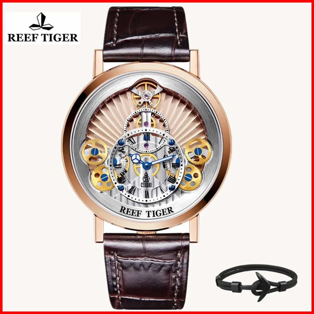 

2019 Reef Tiger/RT Luxury Gear Gold Quartz Watches for Men Genuine Leather Waterproof Skeleton Watches Relogio Masculino RGA1958