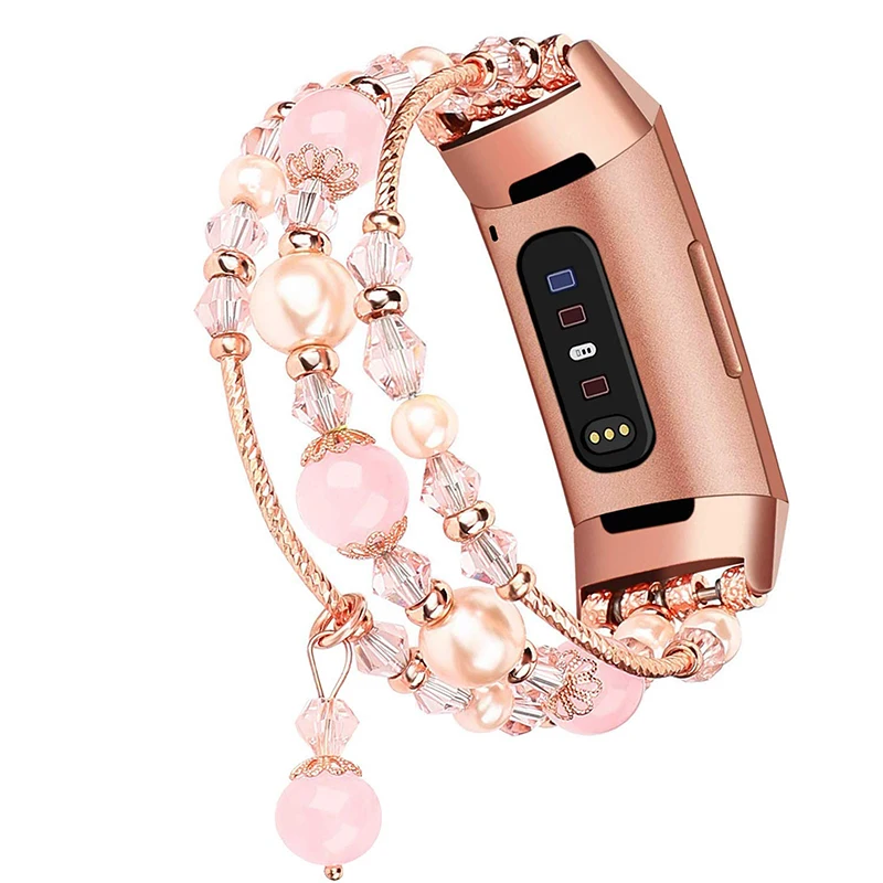 Baaletc Women Strap For Fitbit Charge 3 Jewelry Crystal Beads Bracelet for Fitbit Charge 3 Band Replacement with Rose Gold Color (4)