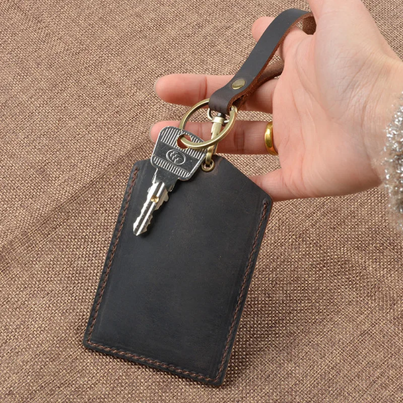 

2 PCS Man/Women ID Card Holder Bags Keychain Genuine Leather School Bank Card Set Card Package Bag With Key Ring Free Shipping