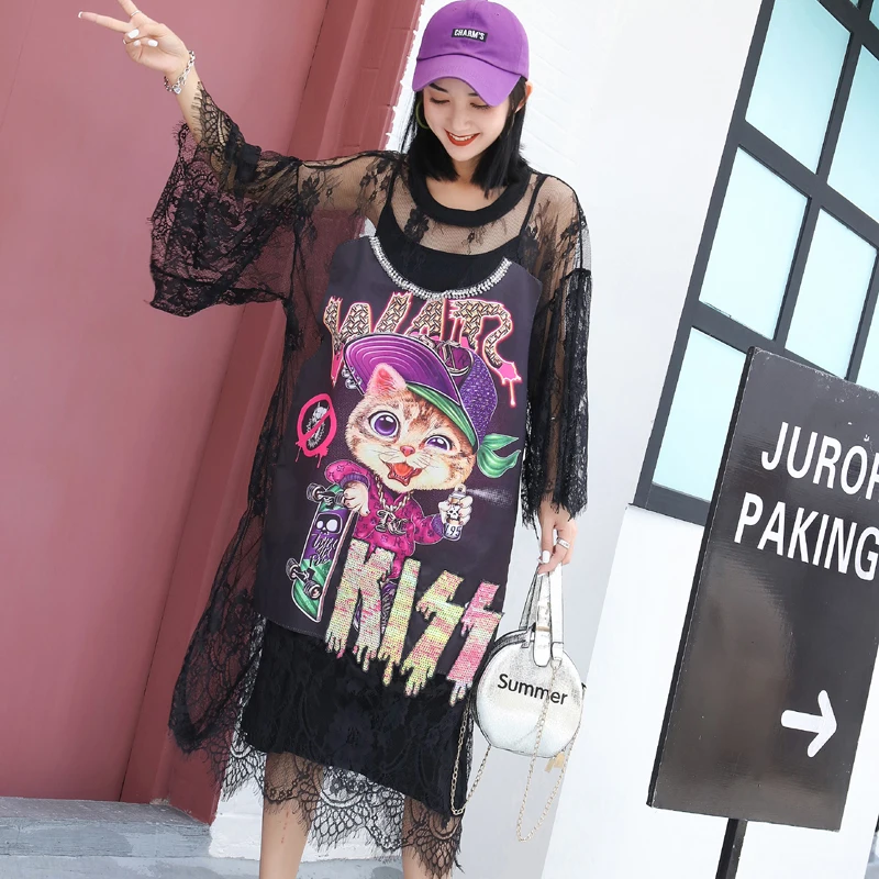 

Women Summer Sequins Mesh Lace Splice Cartoon Print Short Sleeve Tshirt Dress Female Streetwear Perspective Sexy Casual Dresses
