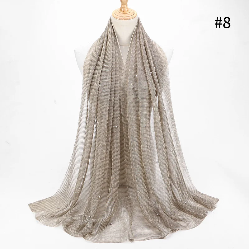 Модный жемчужный длинный платок свадебная вуаль для женщин мусульманский Блестящий хиджаб шаль сморщенная обертка люрекс оголовье исламский ультралегкий - Цвет: 8
