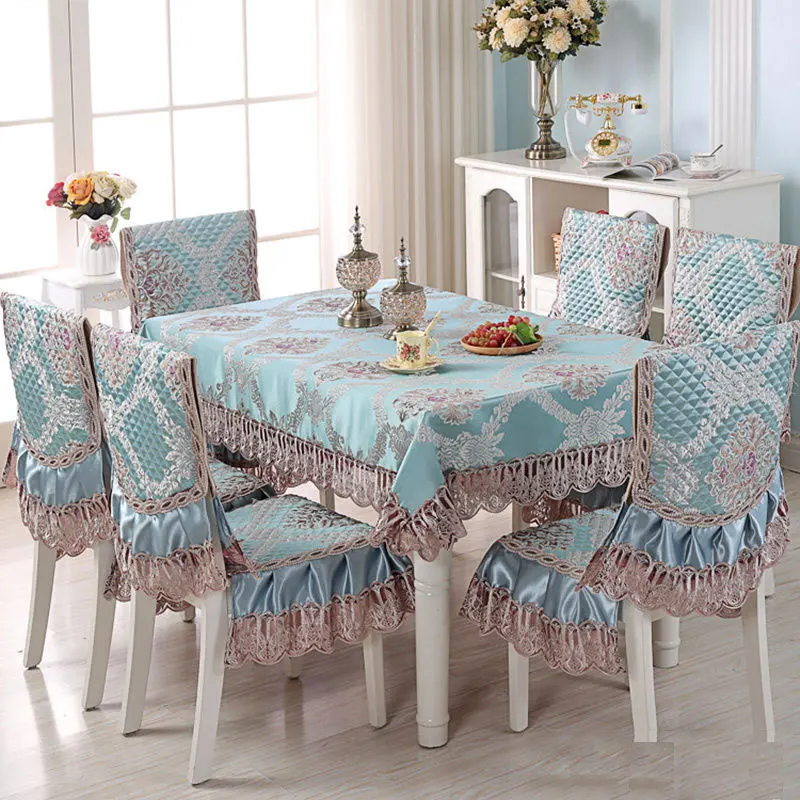 Luxury Europe Table Cloth Satin Printed Lace Chair Cover Cushion Set Hotel Wedding Decorat Banquet Home Dinning Tablecloth Set