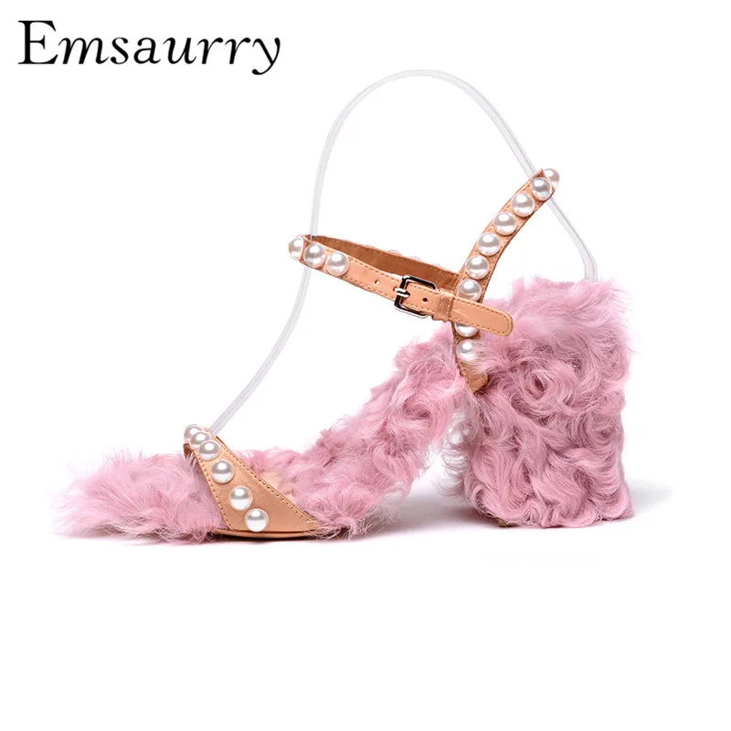 

Sweet String Bead Gladiator Sandals Women Chunky Heel One-strap Fur Runway Shoes Summer Sandalias