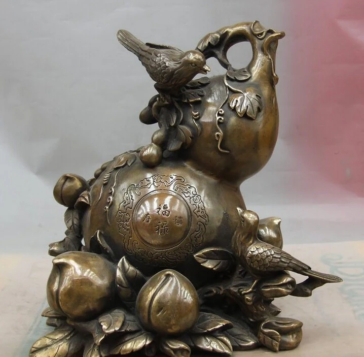 

13 China Bronze Copper Fengshui Bottle Gourd Magpie Bird Peach Fu Lu Shou Statue