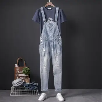 

S-5XL 2018 Summer Male Personality Siamese Jeans Men Slim Hole Trousers Japanese Tooling jumpsuits Plus SIZE
