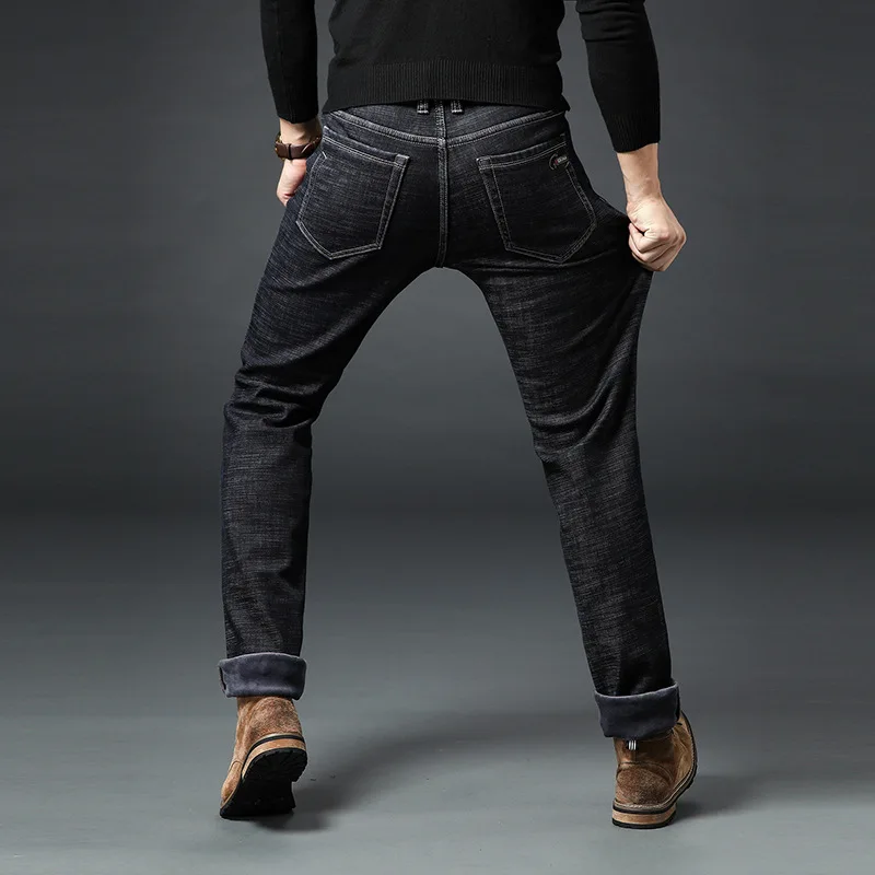 Джинсы kstun мужские зимние черные классические деловые повседневные тонкие прямые утолщенные флисовые эластичные теплые джинсы с высокой талией размера плюс 38