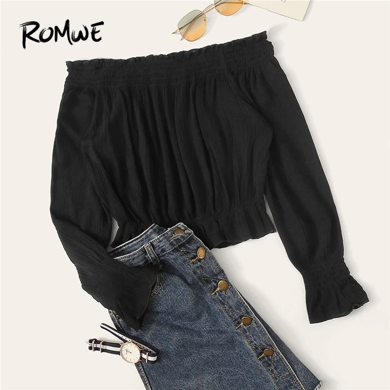 

ROMWE 2 Color Plain Shirred Off the Shoulder Blouse Women Summer 2019 New Fasion Elegant Bohemian Long Sleeve Tops And Blouses