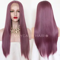 Maycaur 180 плотность фиолетовый цвет натуральные длинные прямые синтетические парики на кружеве для черных женщин Безглютеновые термостойкие